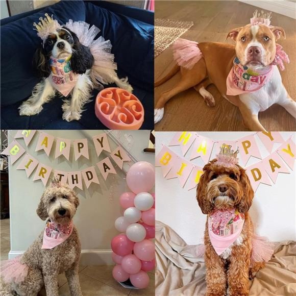 Dog Birthday Hat Bandana Girl - Puppy Party Supplies Pink Tutu Scarf Bow Banner - Picture 2 of 7